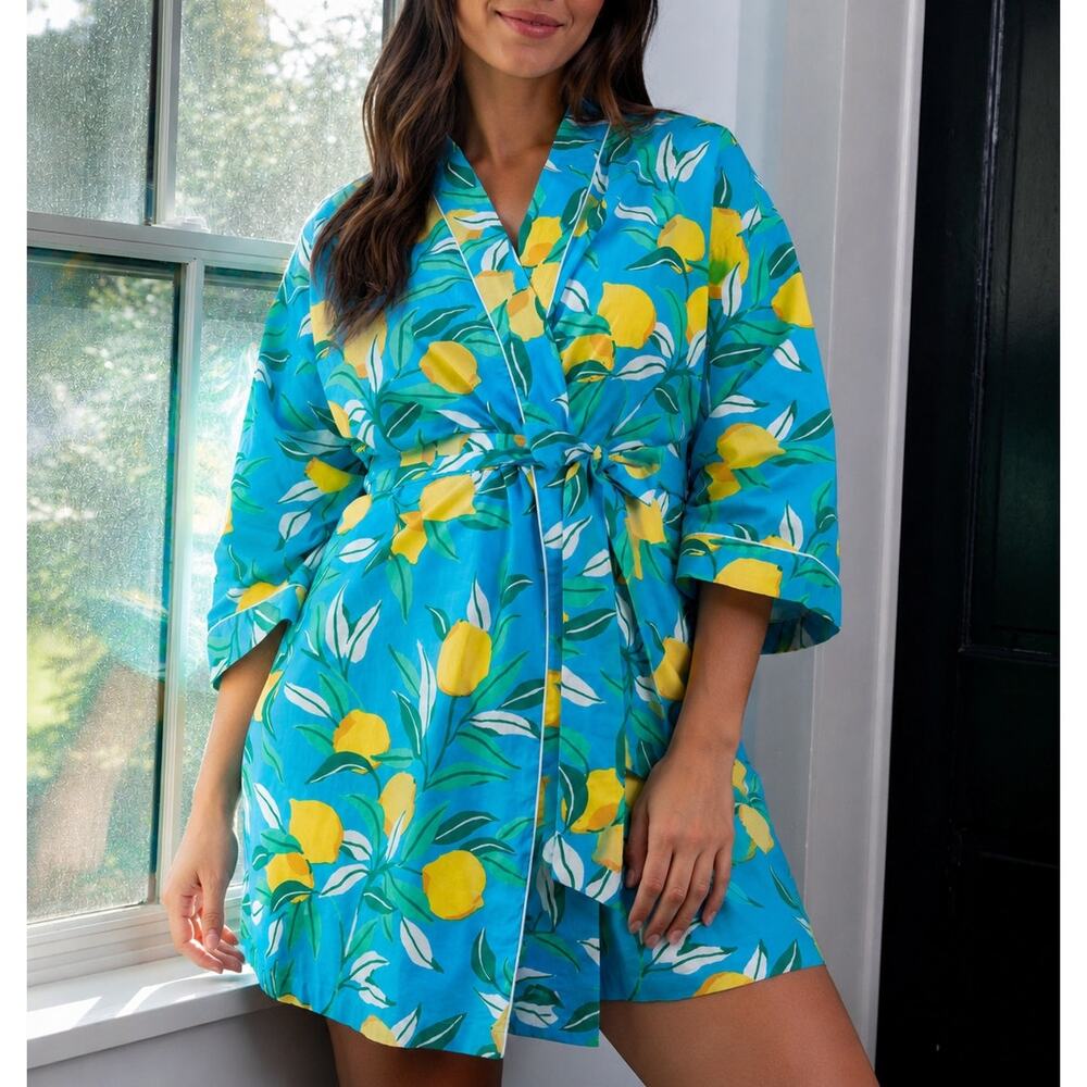 Anthropologie Print Fresh Lemon Zest Getting Ready Robe Blue S/M Whimsical